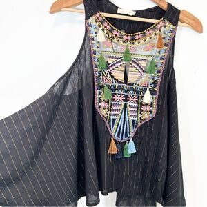 Altar'd State Tank Top Boho Hippie Tassel Embroidered Shirt Gold Thread Stripe